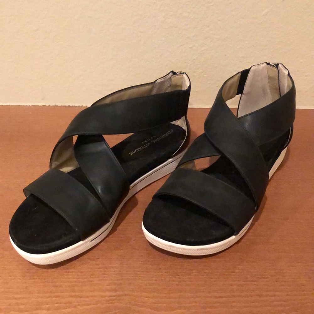 Strappy leather platform sandals. Black & white with back zipper. Size 8